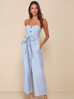 Lulu's Light Blue & White Strapless Button-Front Wide-Leg Jumpsuit